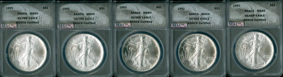 1986 TO 2025 SILVER EAGLE ANACS MS69-70 MAC SPOTLESS 50 OUNCES COINS + P MINTS . - Image 2 of 4