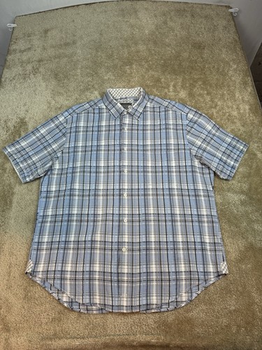 Johnston & Murphy Tailored Fit XL Blue Plaid Short Sleeve Contrast Cuff A060 - Picture 2 of 8