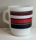 Vintage Anchor Hocking Fire King Milk Glass Mug Cup Red Black Striped Stackable