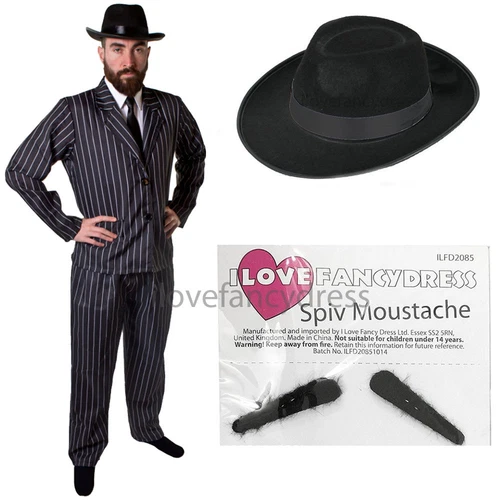 MENS GANGSTER COSTUME WITH HAT 5 PIECE 1920'S FANCY DRESS PINSTRIPE MAFIA MOB