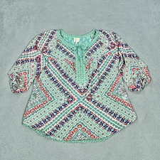 Anthropologie Fig and Flower Top Women 1X Sheer Scarf Green red floral lace back