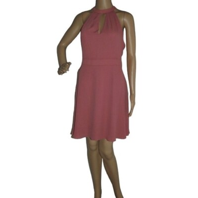 Express Dress Sz 4 Coral Halter Fit Flare Sleeveless Pleated Keyhole Neck small