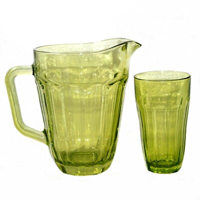 Vintage Circleware Schwerer Boden Saft Trinken Limettengrün Facettiert Glas Krug & Tasse