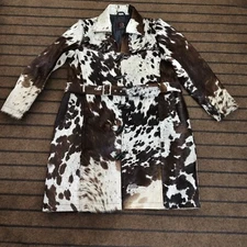 Women's Western Cowhide Leather Trench Coat Pony Hair Rodeo Long Jacket