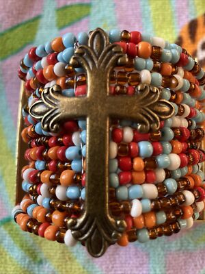 Multicolor colored Cross Bracelet Cuff style 3 In Tall Statement Piece
