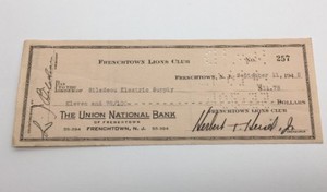 1942 Frenchtown Lions Club The Union National Bank Check To Biledeou Electric