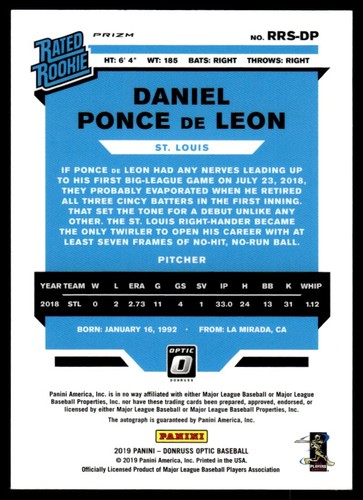 2019 Donruss Optic Rated Rookie Signatures Daniel Ponce de Leon Auto #RRS-DP R68 - Picture 2 of 2