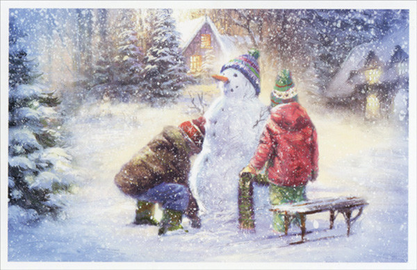 Two Kids Building Snowman American Greetings Christmas Card | eBay
