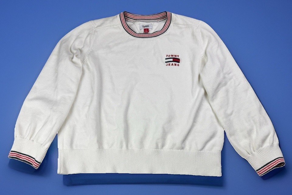 Tommy Jeans Womens L White Crew Neck Sweatshirt Embroidered Logo Cotton Jumper