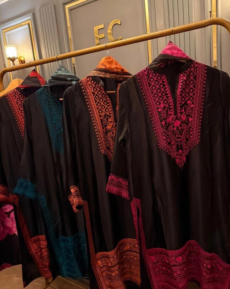 Beautiful Black Long Kurta with Orange Floral Embroidery – Festive/Party Wear - Image 3 of 4