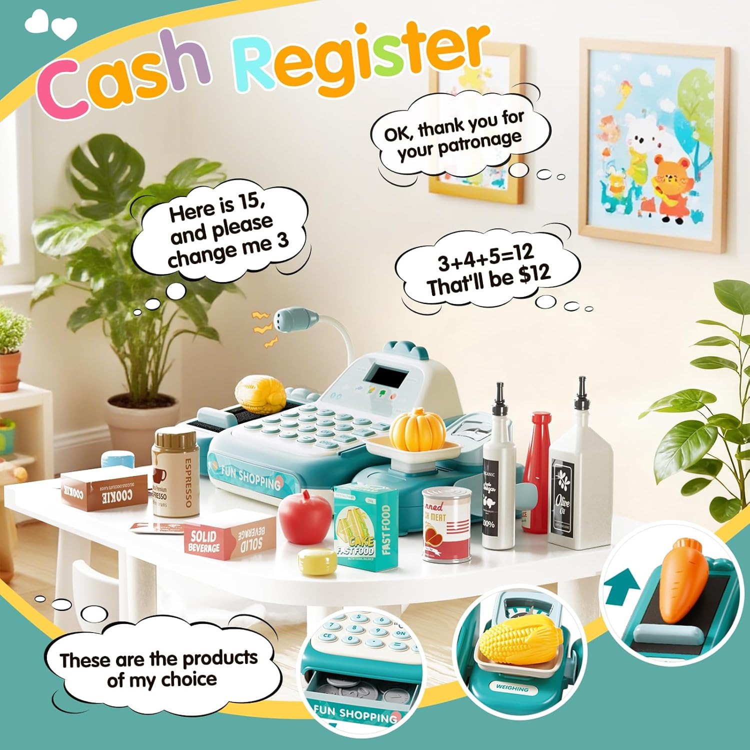 как выглядит 49PCS Pretend Play Cash Register Toy Set for Kids with Real Calculator,Scanner,M фото