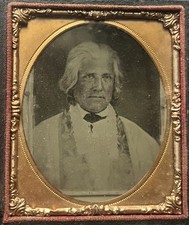 6th PLATE AMBROTYPE STRIKING WHITE HAIRED MASONIC COLLAR MAN IN FULL CASE