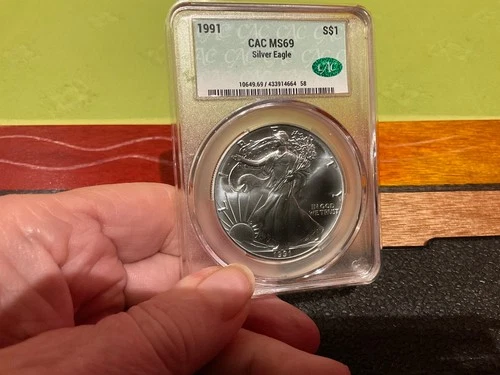 1991 American $1 Silver Eagle 1oz. Fine Silver CAC Graded MS69 SKU9001SE