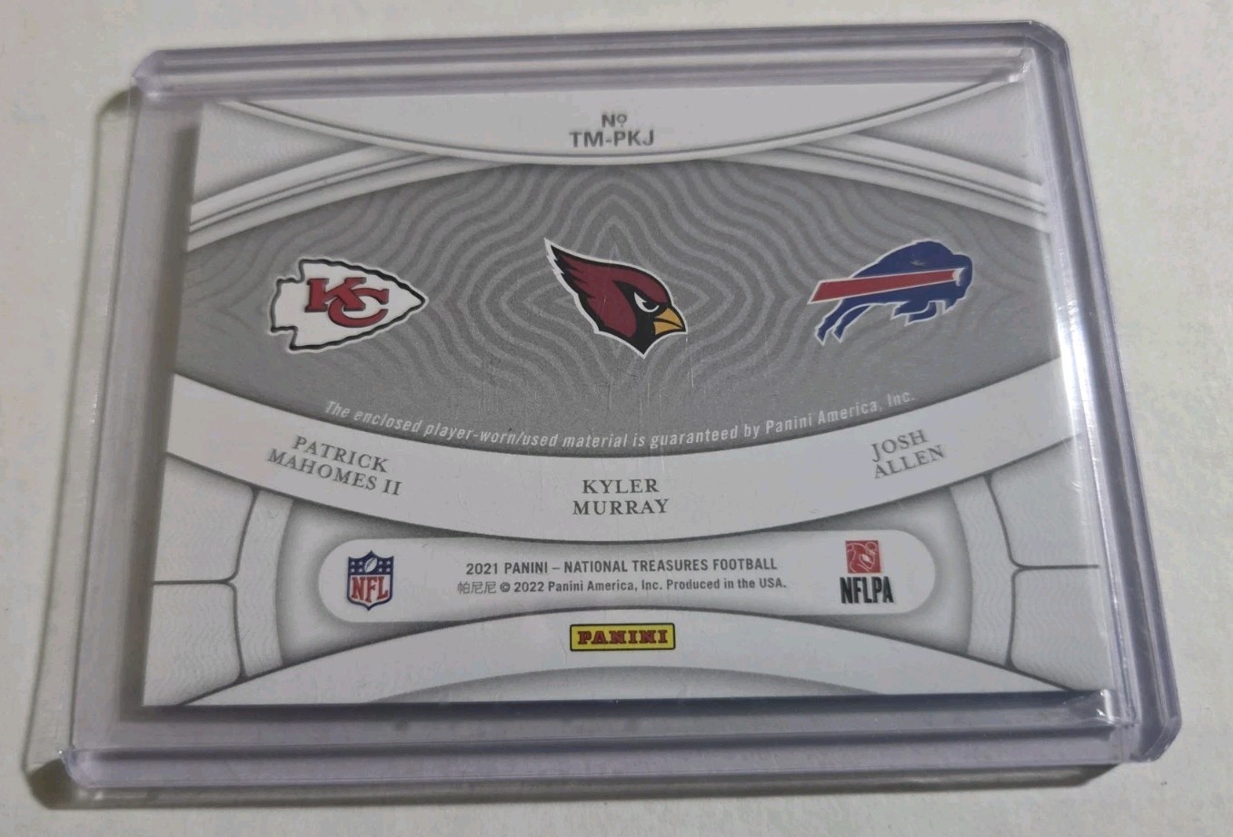 Josh Allen, Mahomes, Murray /99 2021 National Treasures NFL Gear Trio Materials view 6