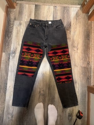 Vintage 90 Levi's 505 Men's Black Custom Aztec Patchwork Jeans Size 15 Med 32x29