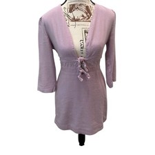 Free People Lilac Linen Blend Lace Up V Neck 3/4 Sleeve Mini Dress Sz S Boho