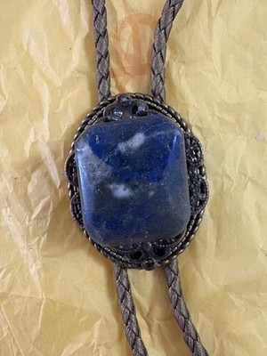 Western Men's Blue Leather Adjustable Bolo Tie Oval Blue Sodalite Stone Slide