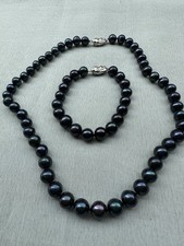 Genuine Black Pearl Necklace & Bracelet Set Silver Clasp 16" & 7.5" Statement