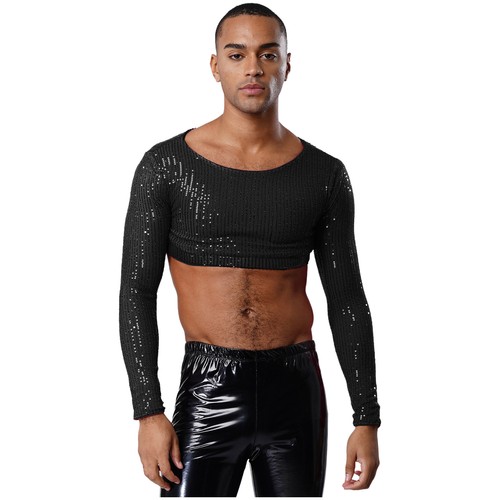 Mens Shiny Sequin Crop Tops Long Sleeve Fully Lined Crop Blouse Tee Shirt Club - Picture 18 of 47