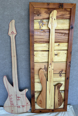 Handcrafted Wooden Bass Guitar Wall Art Unique 3D Look Framed with Jig NEW