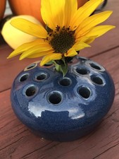 Vintage Weller Blue Flower Frog Floral Arrangements Approx 4 Inch Round 16 Hole