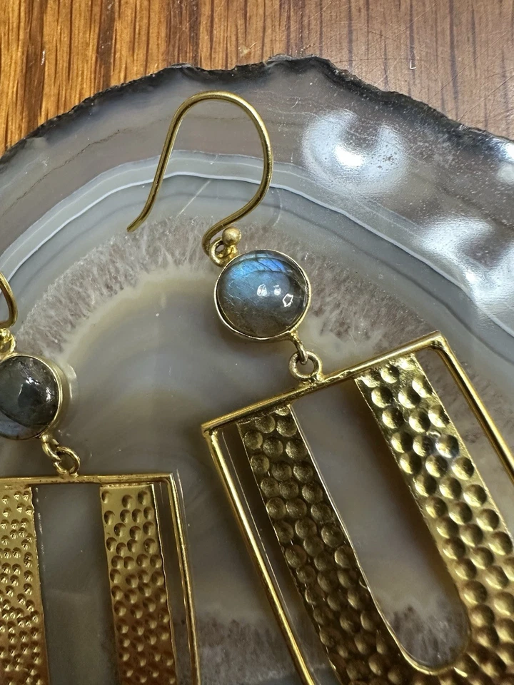 Natural Labradorite Stones In Artisan-crafted Brass Earrings 3.25” Long  - Image 3 of 4