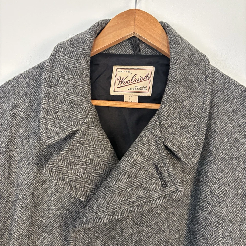 VTG Woolrich Wool Blend Herringbone Peacoat Mens L Tweed Gray Double Breasted - Image 3 of 4