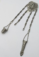 ANTIQUE ASIAN / EASTERN STYLE SILVER PLATED CHATELAINE c1900