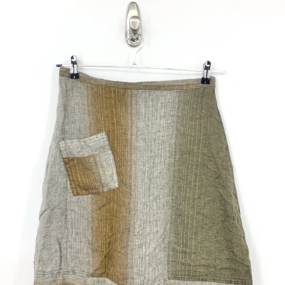 FLAX Mujer Talla Pequeña Falda Larga Midi Pull On Marrón Gris Rayas 100% Lino Foto 2 de 4