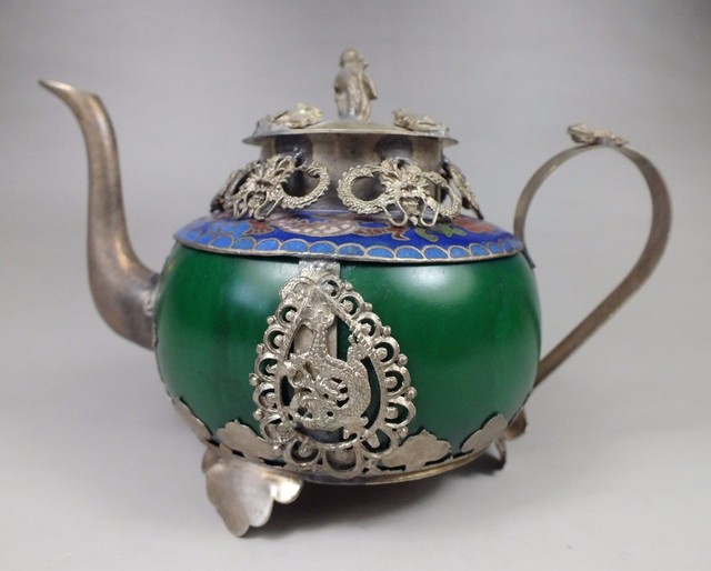 Chinese old handwork green jade inlay tibetsilver dragon teapot