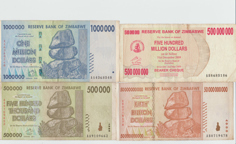 Zimbabwe 4 Banknotes 1-500 Million Dollar & 50 Billion $500,000 2008