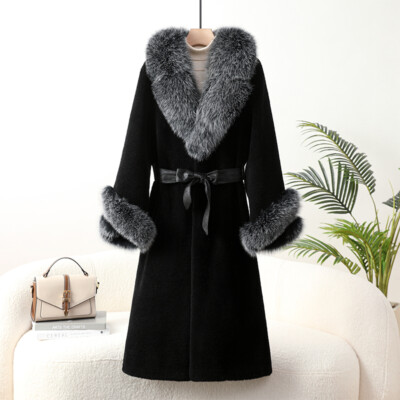 Luxury Sheep Shearing Fur Coat Women Winter Genuine Fox Fur Collar