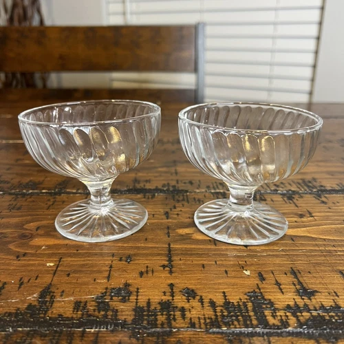 Set Of 2 Vintage Clear Ribbed Depression Glass Sherbet Dessert Dishes