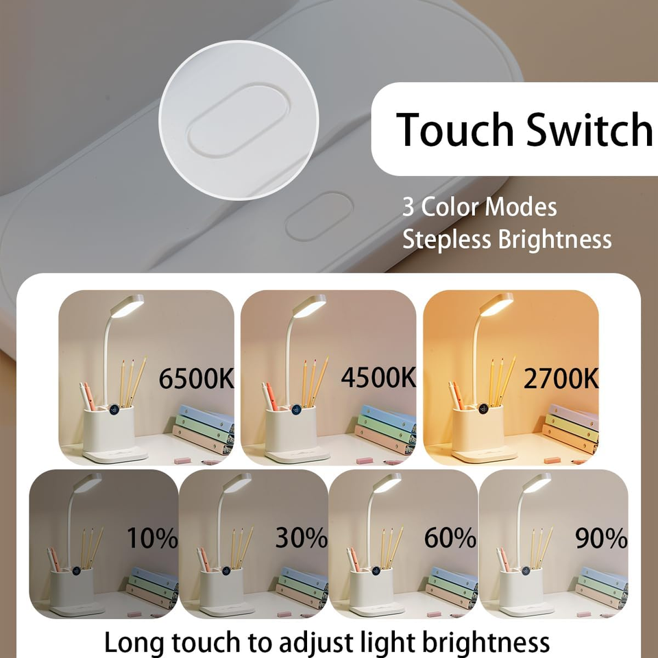 Desk Lamp Battery Operated, with Pen Holder, USB Charging Port, Phone