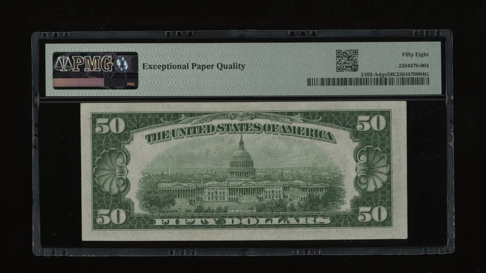 DBR 1934 $50 DGS FRN Boston Fr. 2102-Adgs PMG 58 EPQ Serial A03328467A - Image 2 of 2