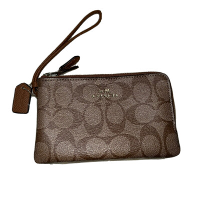 Coach LOGO Brown Leather 2-Pocket Zip Around Wristlet Wallet with