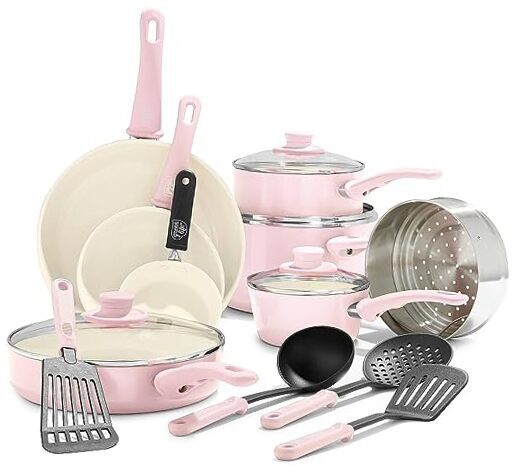 Soft Grip Non-Toxic PFAS-Free Ceramic 16 Piece Cookware Set Soft Pink