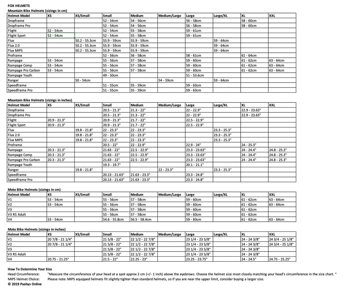 Fox speedframe pro size chart hot sale