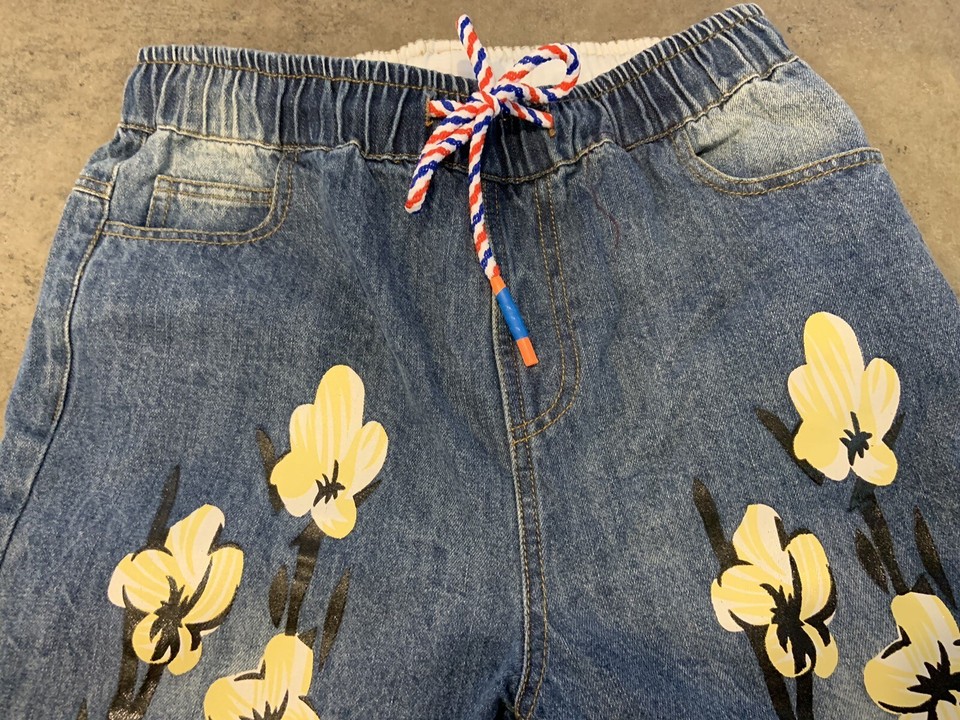 Hand Painted Flower Jeans Elastic Waist Drawstring eBay
