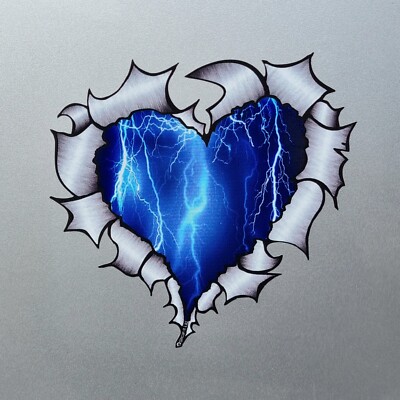 Electric Blue Lightning Storm Heart Ripped Metal Vinyl Sticker Decal ...