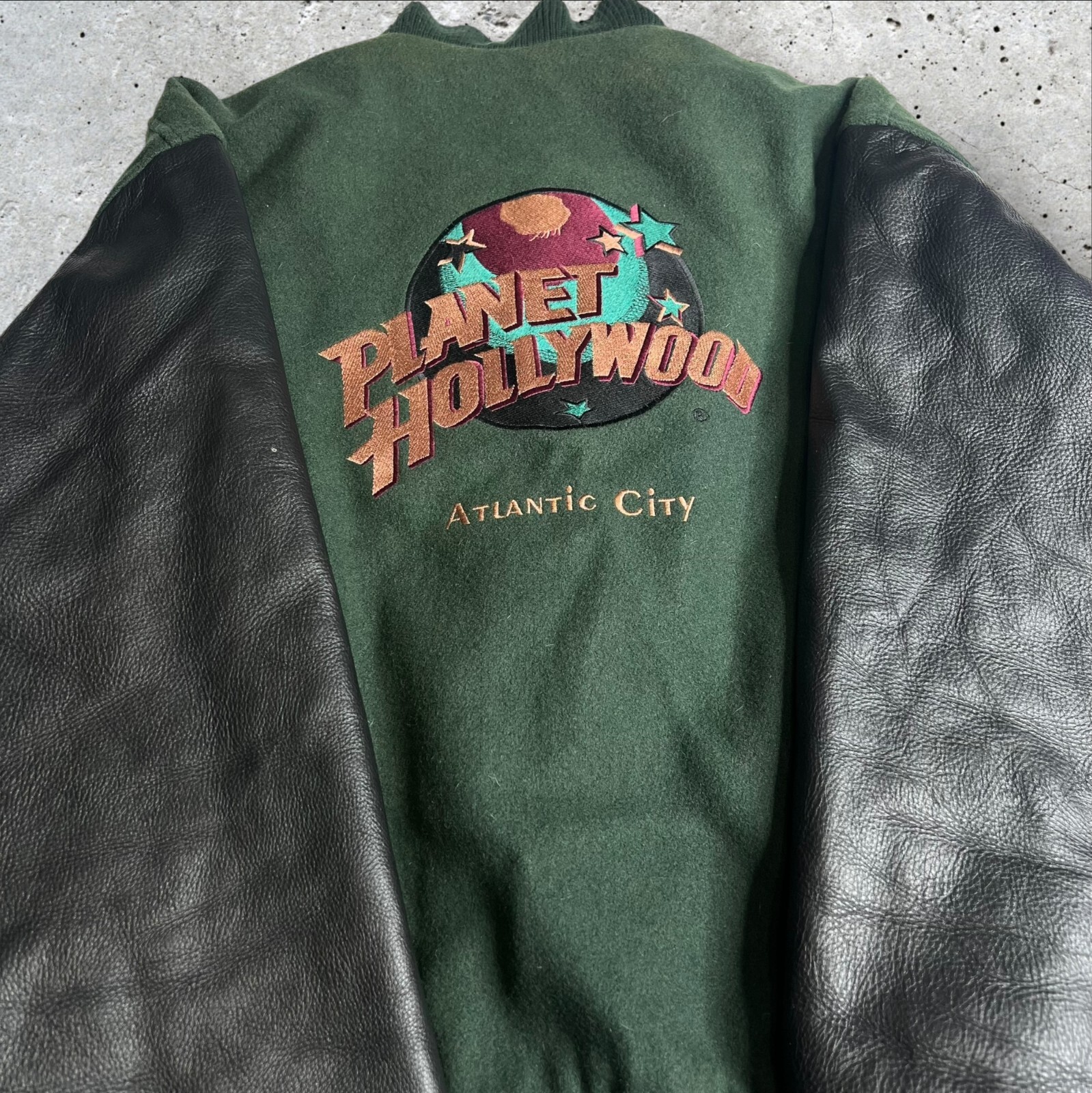 Vintage Planet Hollywood Green Wool Leather Varsity Bomber Jacket Size XL