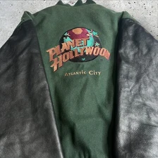Vintage Planet Hollywood Green Wool Leather Varsity Bomber Jacket Size XL