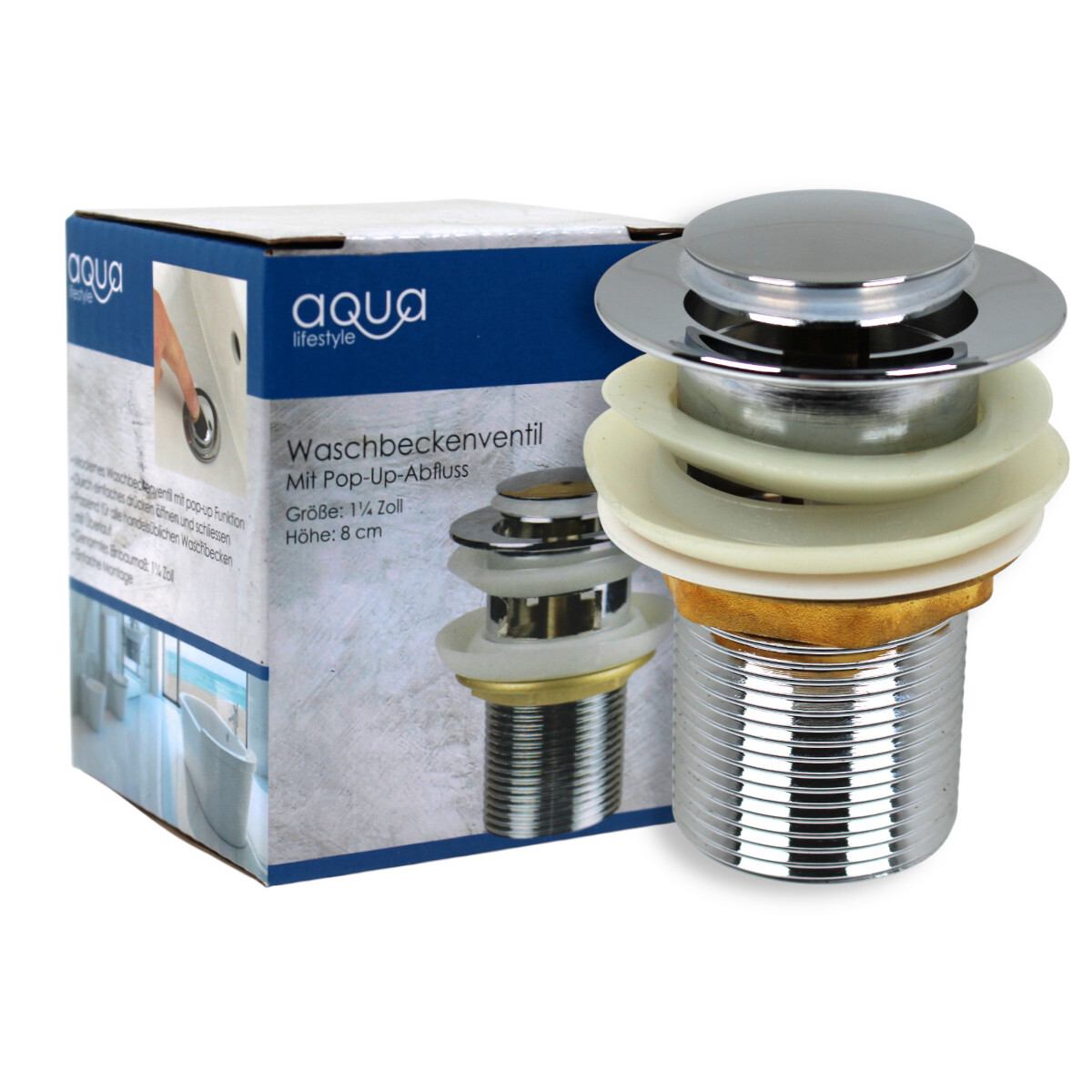 Aqua Waschbeckenventil mit Pop-Up-Abfluss 1 1/4 Zoll 8cm Chrom
