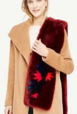 NWT Ann Taylor Burgundy Soft Faux Fur Scarf with Embroidered Flowers MSRP $89.50