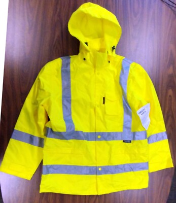 Safety Rain Coat Reflective Hi-Visibility Raincoat Class 3 Jacket w Hood Large