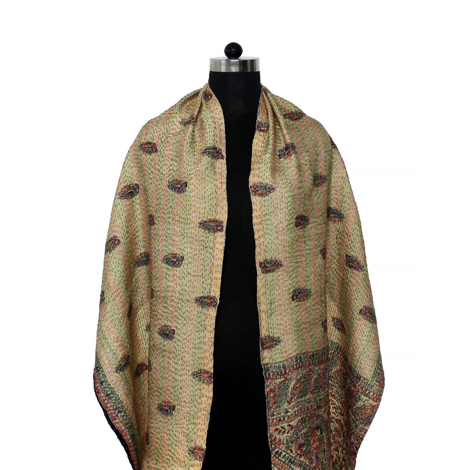 Écharpe Vintage Soie Sari Indien Étole Réversible À La Main Kantha Wrap De Luxe