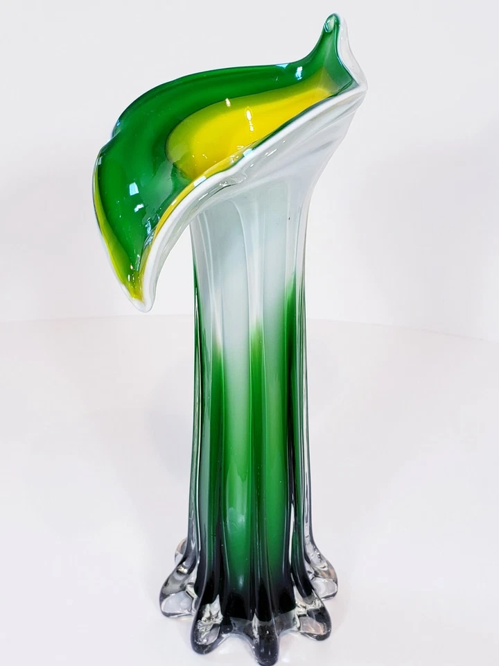 艺术玻璃郁金香花瓶讲坛杰克 11 1/2 英寸白色绿色黄色  — 第 3/4 张图片