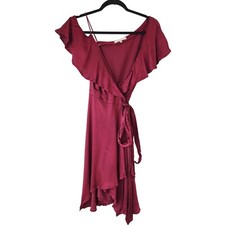 WAYF Burgundy Red True Wrap Dress Ruffle Trim Off-Shoulder Cocktail Women's S