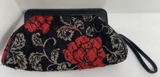 Vintage Vera Bradley Quilted Black Clutch With Red Roses w Red Mirror Magnetic
