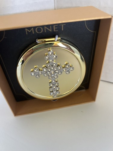 Monet Compact Double Mirror Case Rhinestone Cross Gold Tone Snap Closure NEW - Picture 2 of 3